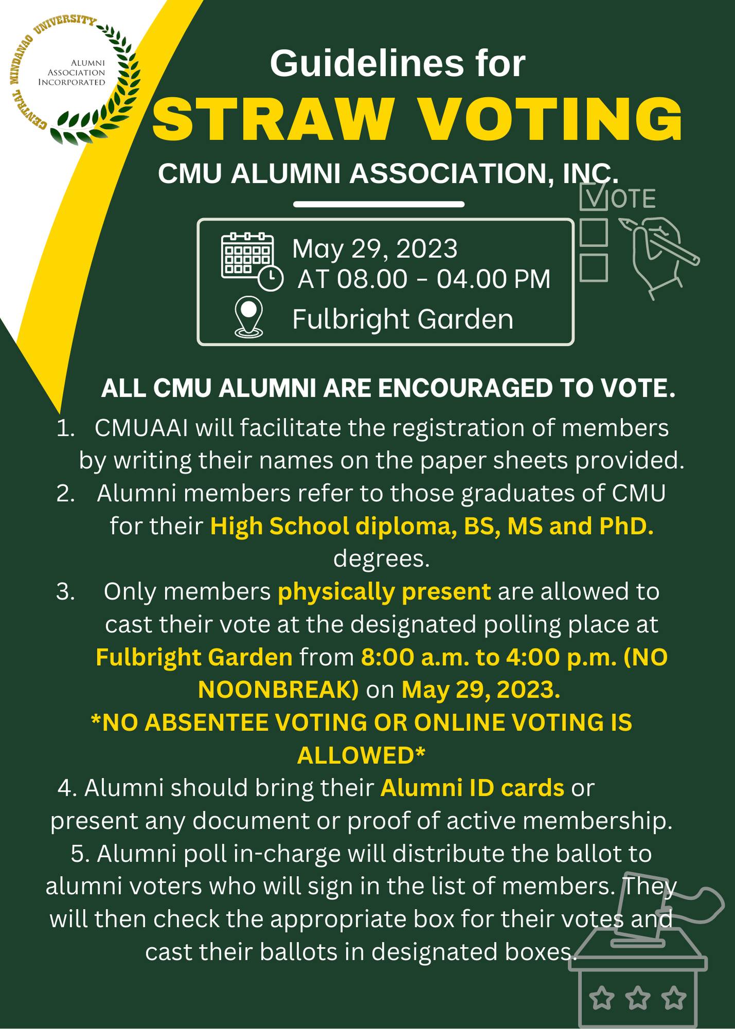 Straw Voting for CMU Alumni Association, Inc Central Mindanao University