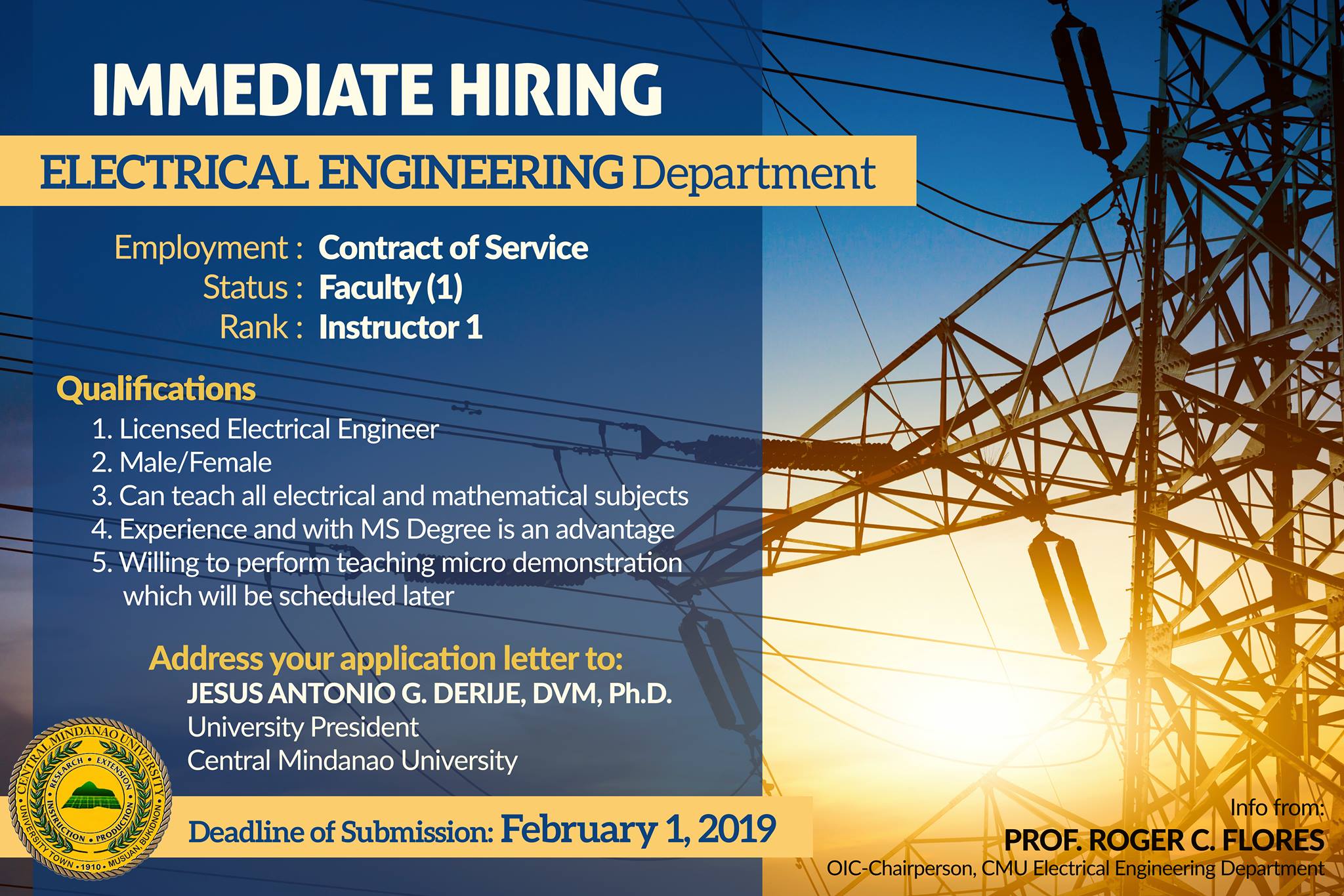 HIRING: Department of ELECTRICAL ENGINEERING | Central Mindanao University
