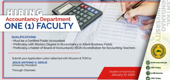HIRING: The Department of Accountancy, College of Business & Management is in need of a Faculty for this 2nd Semester, SY 2019-2020.