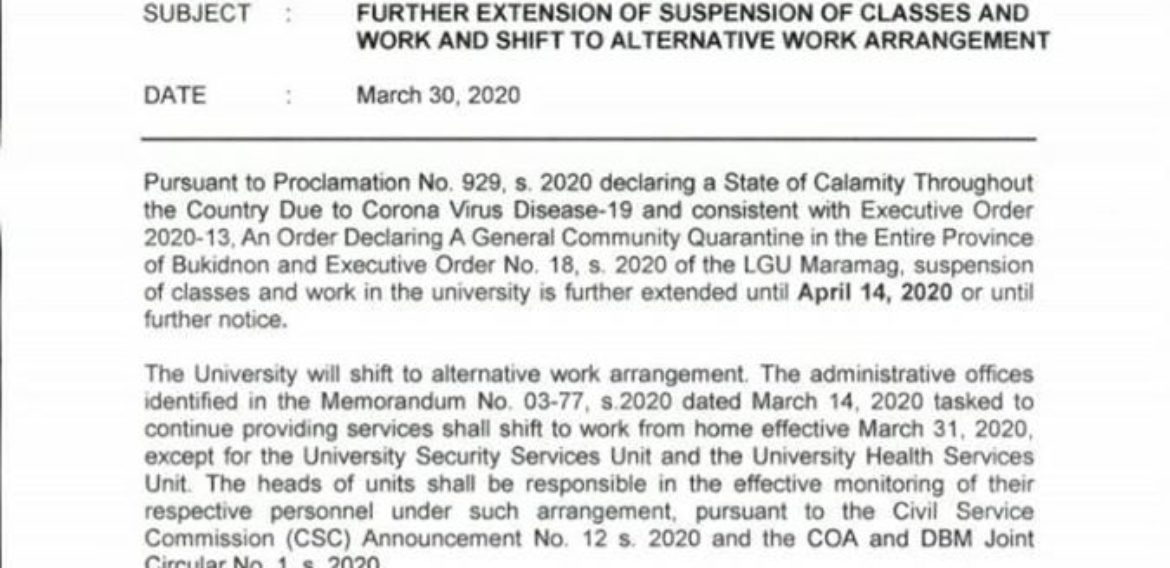ANNOUNCEMENT: Suspension of Classes and Work in the university is FURTHER EXTENDED to April 14, 2020 or until further notice.
