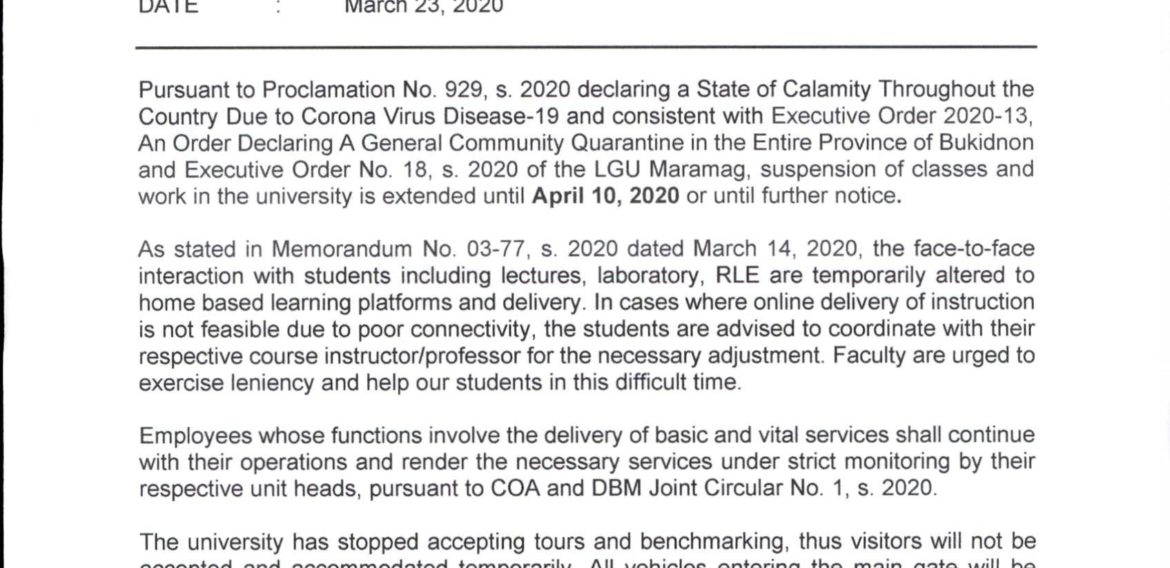 ANNOUNCEMENT: Suspension of Classes and Work in the university is extended until April 10, 2020 or until further notice.