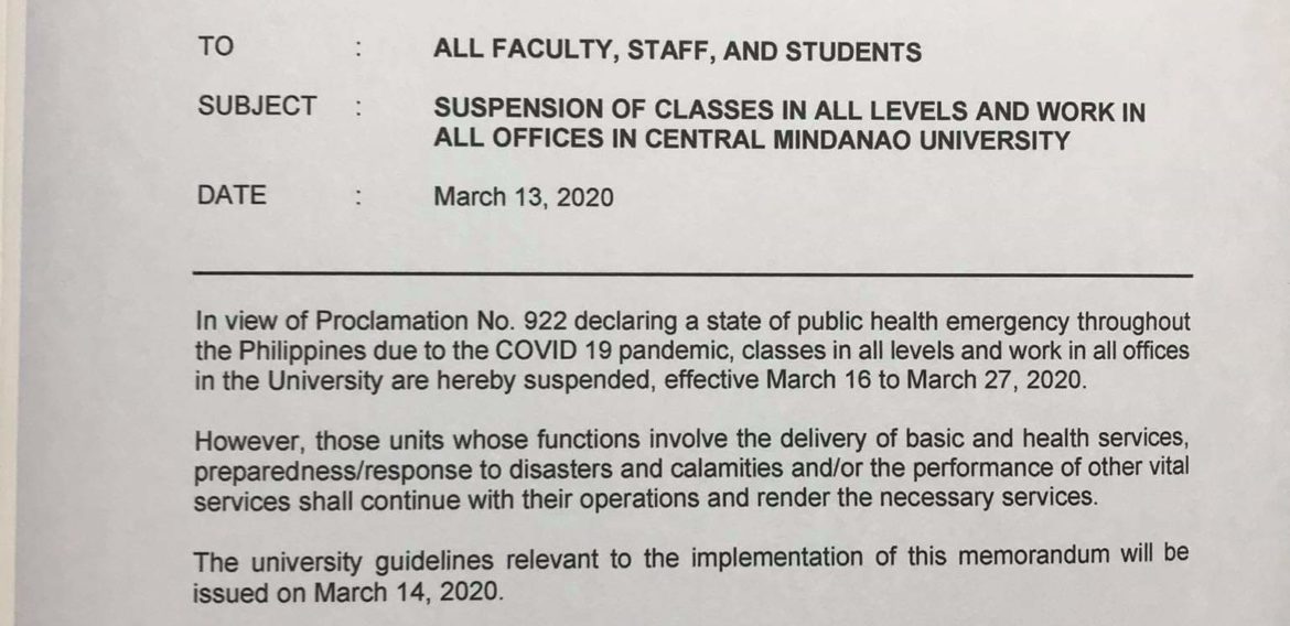 ANNOUNCEMENT: SUSPENSION OF CLASSES IN ALL LEVELS AND WORK IN ALL OFFICES IN CMU Effective March 16 to March 27.