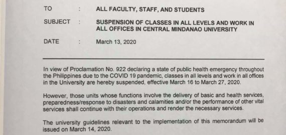 ANNOUNCEMENT: SUSPENSION OF CLASSES IN ALL LEVELS AND WORK IN ALL OFFICES IN CMU Effective March 16 to March 27.