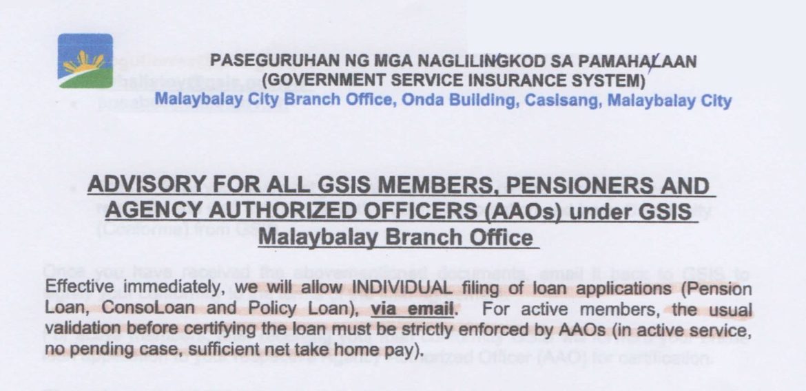 ADVISORY FOR ALL GSIS MEMBERS, PENSIONERS AND AGENCY AUTHORIZED OFFICERS (AAOs) under GSIS Malaybalay Branch Office