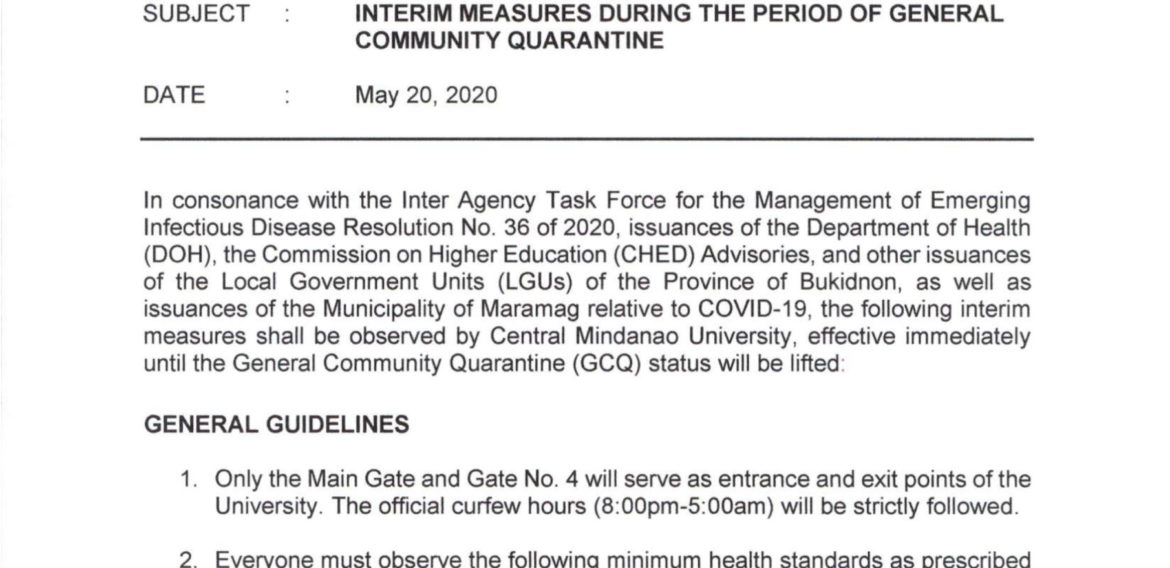 ANNOUNCEMENT: INTERIM MEASURES DURING THE PERIOD OF GENERAL COMMUNITY QUARANTINE (CMU-OP Memo No. 05-188, s. 200)