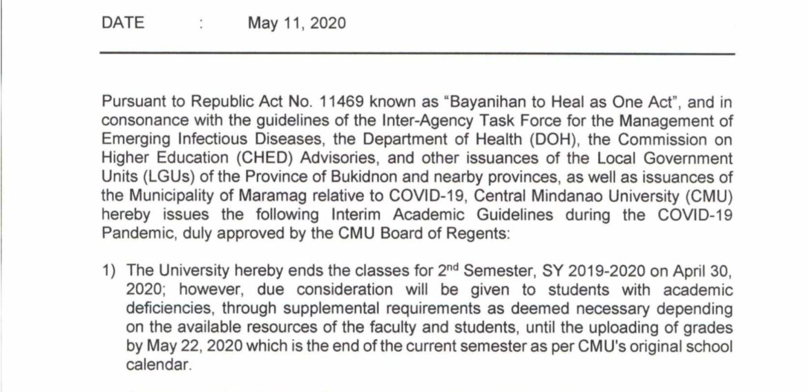 ANNOUNCEMENT: CMU INTERIM ACADEMIC GUIDELINES DURING COVID-19 PANDEMIC