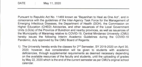 ANNOUNCEMENT: CMU INTERIM ACADEMIC GUIDELINES DURING COVID-19 PANDEMIC