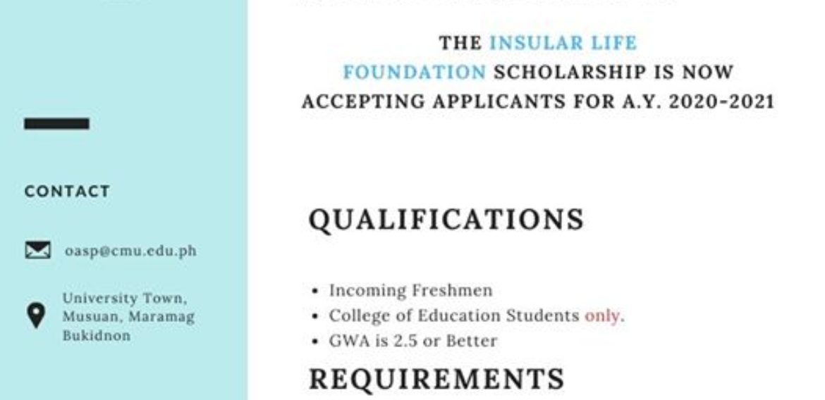 INSULAR LIFE FOUNDATION SCHOLARSHIP is now ACCEPTING APPLICANTS FOR A.Y. 2020-2021