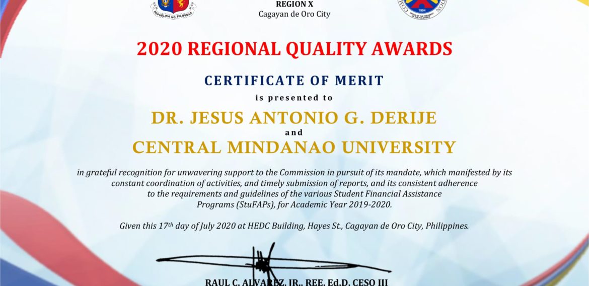 CHED-R10 awards CMU as best implementor of CHED Mandates during the 1st Regional Quality Awards