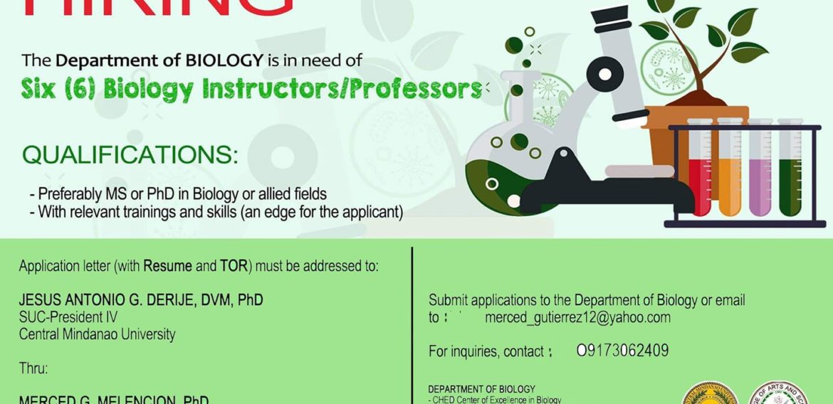 HIRING: The Department of Biology is in need of six (6) Biology Instructors/Professors
