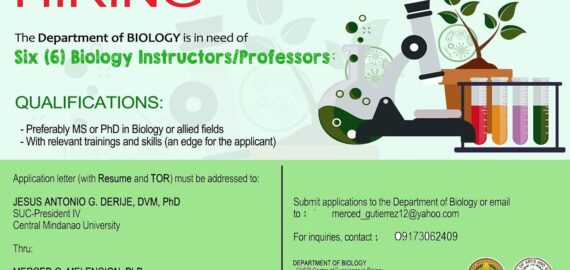 HIRING: The Department of Biology is in need of six (6) Biology Instructors/Professors