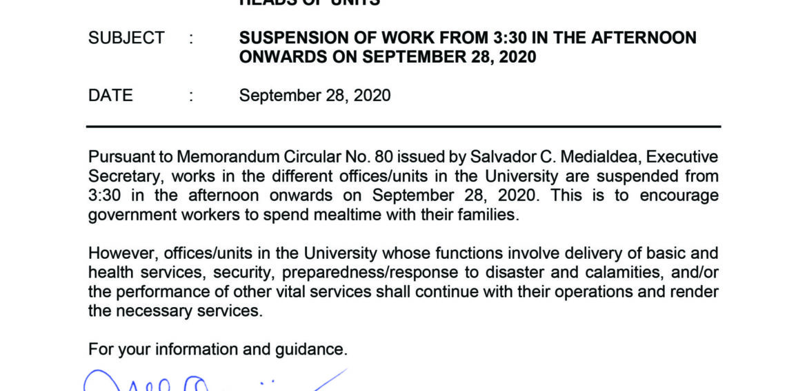 CMU OP MEMORANDUM No. 09-362, s. 2020 – Suspension of Work from 3:30 in the afternoon onwards on September 28, 2020