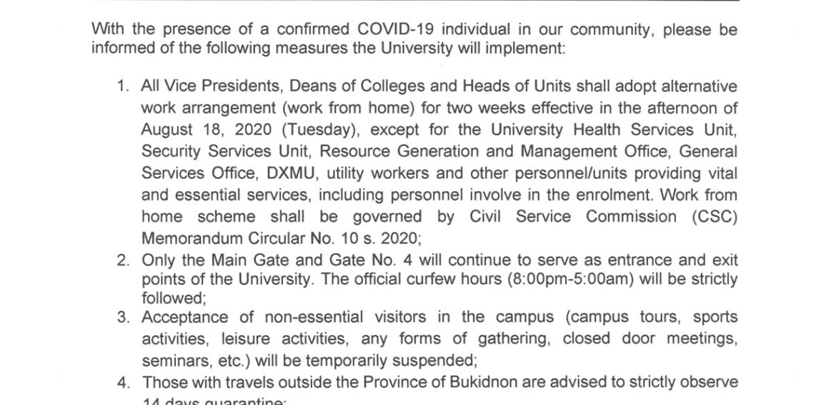 ANNOUNCEMENT: CMU MEMO NO. 08-321-A, s. 2020 – UNIVERSITY INTERIM MEASURES on COVID-19