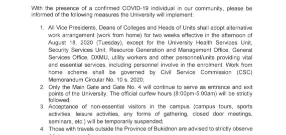 ANNOUNCEMENT: CMU MEMO NO. 08-321-A, s. 2020 – UNIVERSITY INTERIM MEASURES on COVID-19
