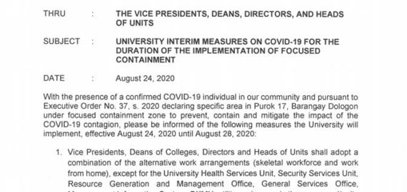 ANNOUNCEMENT: MEMORANDUM No. 8-327, s.2020 – UNIVERSITY INTERIM MEASURES ON COVID-19 FOR THE DURATION OF THE IMPLEMENTATION OF FOCUSED CONTAINMENT