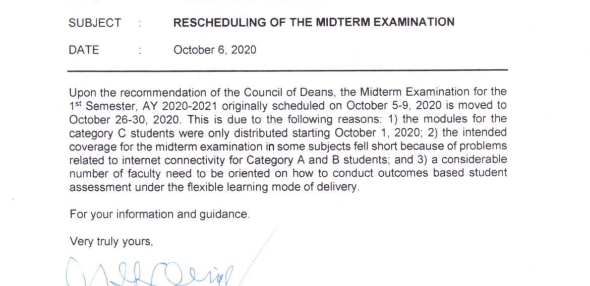 CMU OP MEMORANDUM No. 10-374, s. 2020 – RESCHEDULING OF THE MIDTERM EXAMINATION