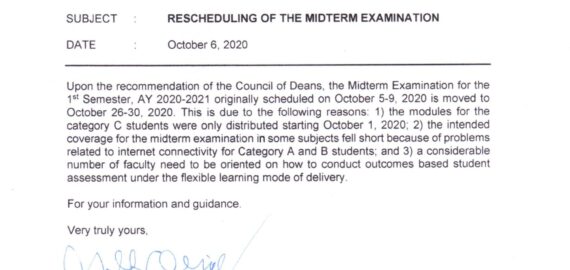 CMU OP MEMORANDUM No. 10-374, s. 2020 – RESCHEDULING OF THE MIDTERM EXAMINATION