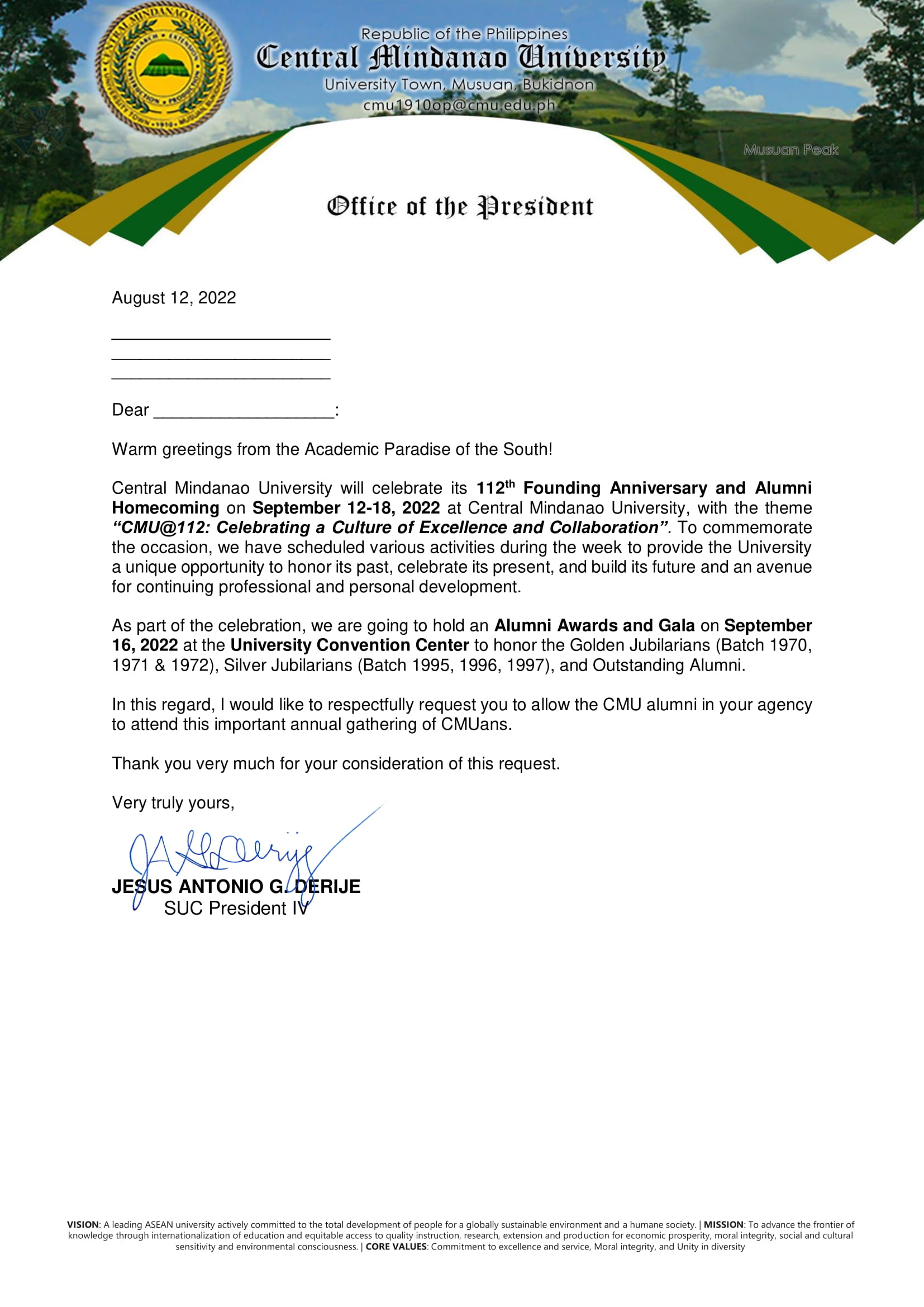 Invitations for Individual Alumni and Heads of Offices to the 112th CMU