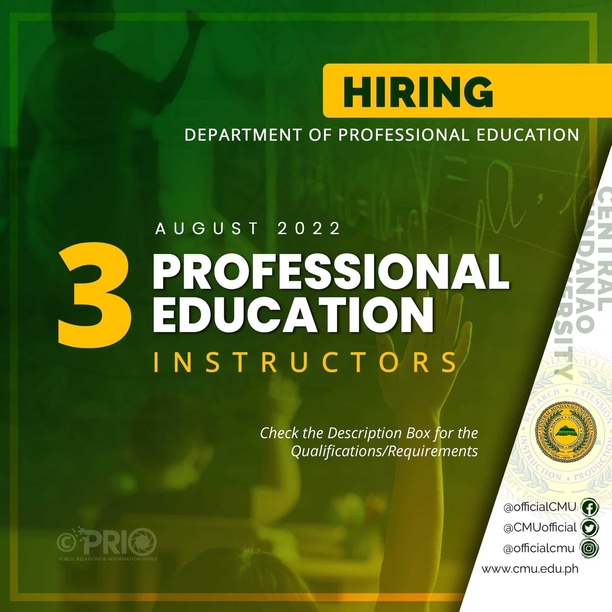 [𝗛𝗜𝗥𝗜𝗡𝗚] The Department of Professional Education, College of Education needs three (3