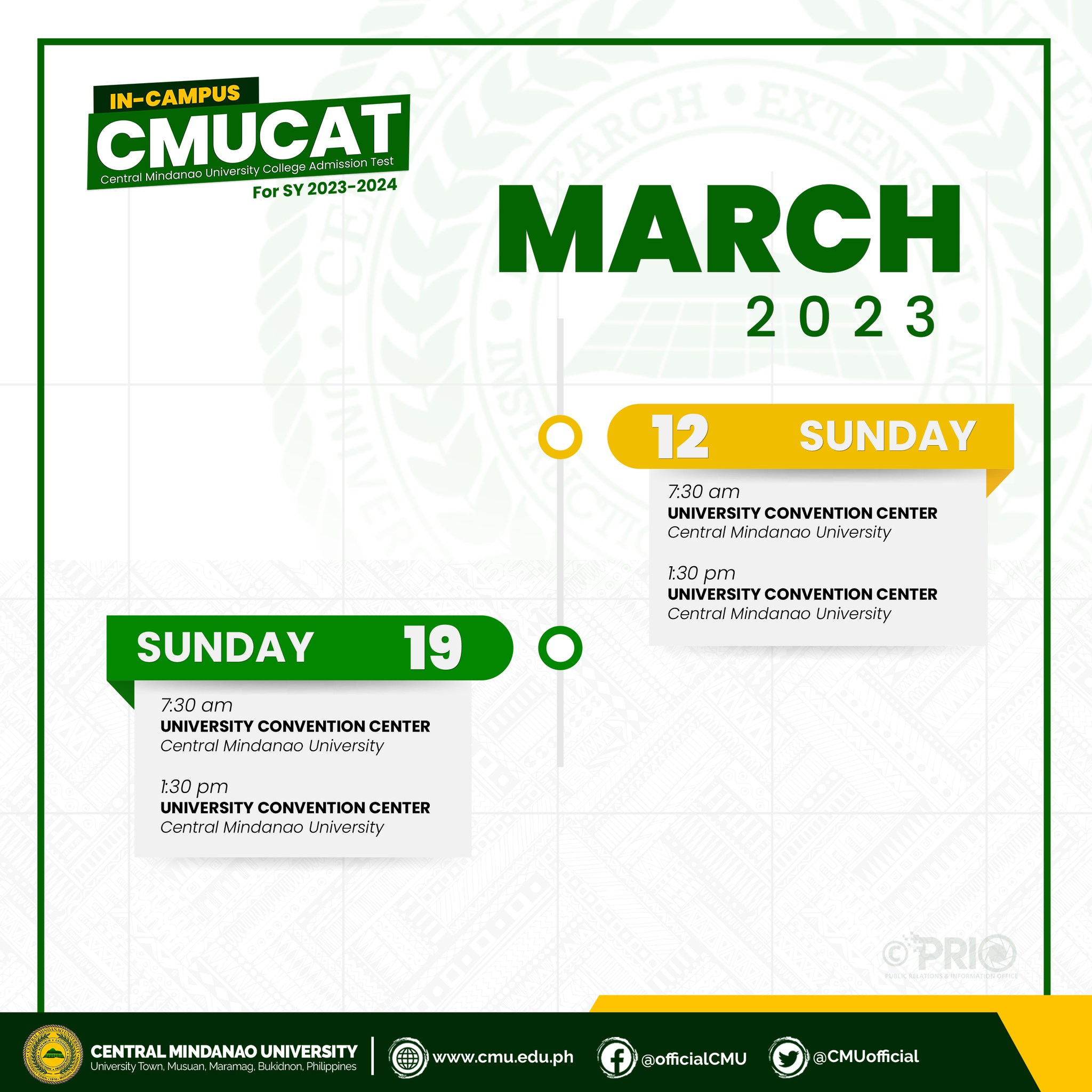 [#𝗖𝗠𝗨𝗖𝗔𝗧𝟮𝟬𝟮𝟯] Central Mindanao University College Admission Test (CMUCAT) schedule, 𝗜𝗻-𝗖𝗮𝗺𝗽𝘂𝘀