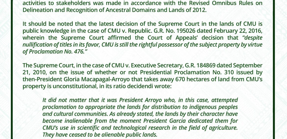 OFFICIAL STATEMENT OF CENTRAL MINDANAO UNIVERSITY ON THE ALLEGED IMPENDING ISSUANCE OF CERTIFICATE OF ANCESTRAL DOMAIN TITLE (CADT)