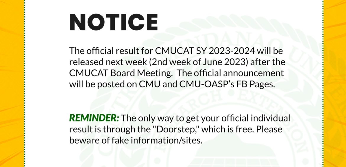 Official result for CMUCAT SY 2023-2024 will be released next week