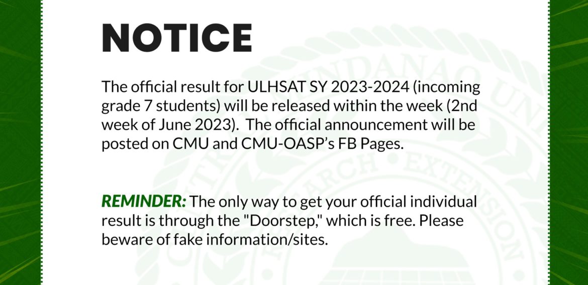 The official result for ULHSAT SY 2023-2024