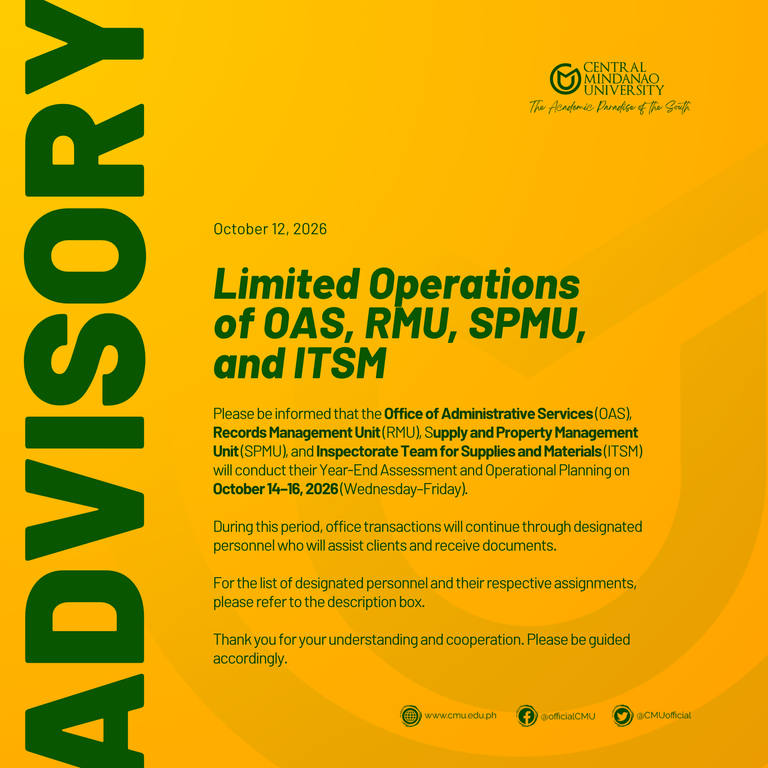 [ADVISORY] Limited Operations of OAS, RMU, SPMU, and ITSM