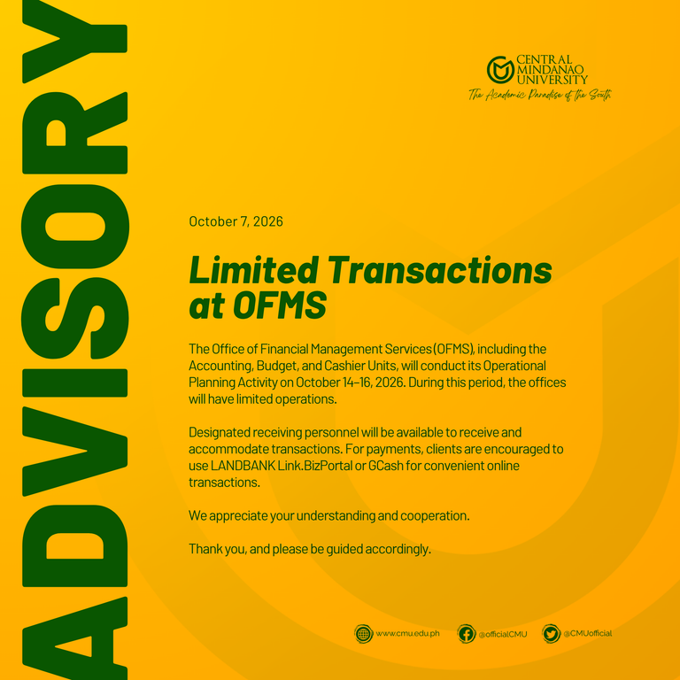 [📢 ADVISORY] Limited Transactions at OFMS