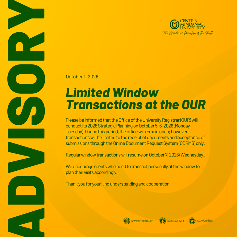 [ADVISORY] Limited Window Transactions at the OUR